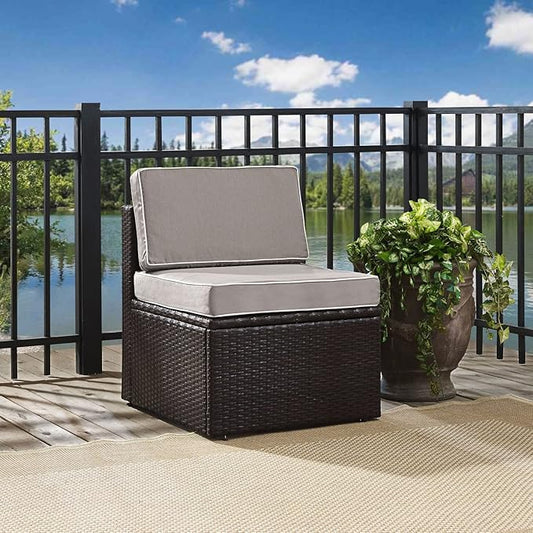 Crosley Furniture Palm Harbor Armless Outdoor Sectional Chair, Wicker Patio Chairs for Porch, Deck, Backyard, Brown with Gray Cushions