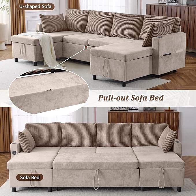 Ball & Cast 111.8" Upholstered Sectional Sleeper Sofa Bed, U Shaped Pull Out Couch with Storage Chaise,USB Ports and Two Cup Holders, for Living Room,Office, Apartment, Brown