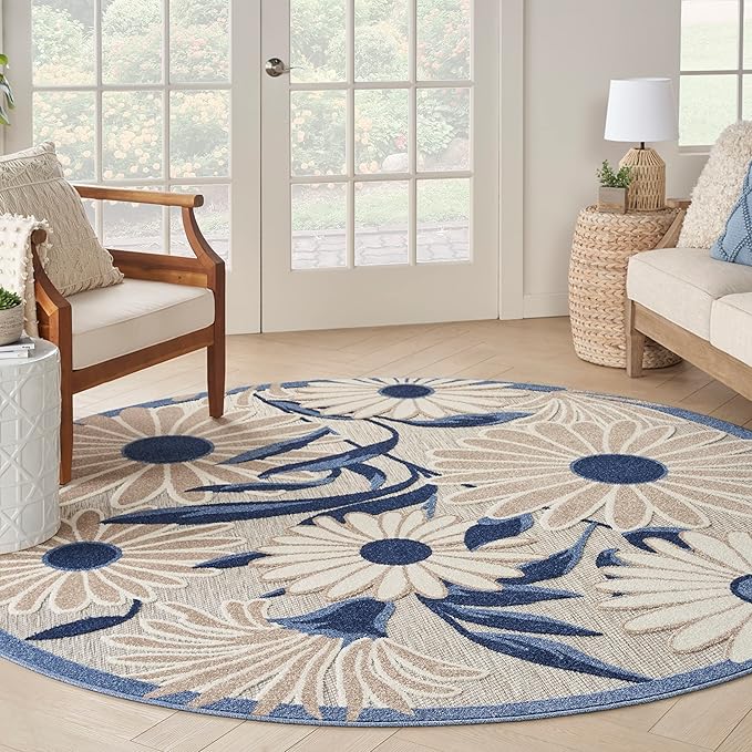 Nourison Home Aloha Blue Grey 7'10" x Round Area Rug - Easy Clean, Non Shedding, Bed Room, Living Room, Dining Room, Kitchen (8' x Round)