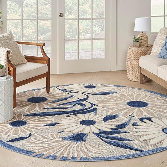 Nourison Home Aloha Blue Grey 7'10" x Round Area Rug - Easy Clean, Non Shedding, Bed Room, Living Room, Dining Room, Kitchen (8' x Round)