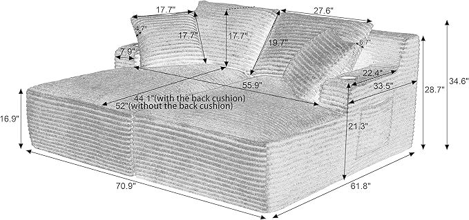 Eafurn Oversized Double Chaise Lounge Indoor with Cup Holders & Side Pocket, 71" Plush Corduroy Boneless Chaise Lounge Sofa with High Density Sponge & Deep High Seat Comfy Sleeper Couch Bed | Breathable material, No Assembly, 52" Deep Seat, 19.7" High ...