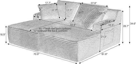 Eafurn Oversized Double Chaise Lounge Indoor with Cup Holders & Side Pocket, 71" Plush Corduroy Boneless Chaise Lounge Sofa with High Density Sponge & Deep High Seat Comfy Sleeper Couch Bed | Breathable material, No Assembly, 52" Deep Seat, 19.7" High ...