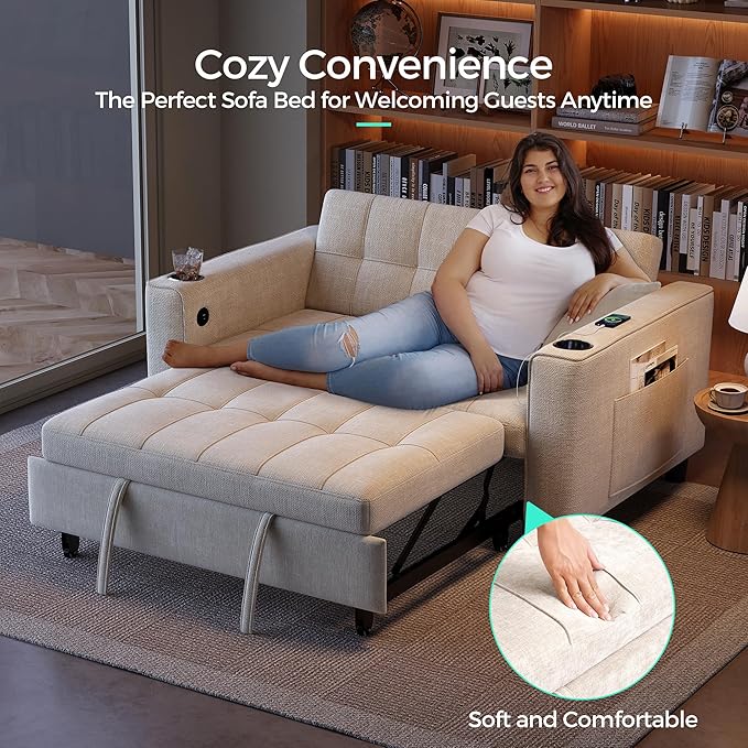 LINSY Sleeper Sofa Bed, 54" Pull Out Couch with Charging Station & Cup Holder, Small 3 in 1 Convertible Loveseat Sleeper Couch for Apartment, Dorm Room, Bedroom and Small Space, Chenille Beige