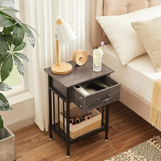 VECELO Nightstands, Industrial Side Table/End Tables with Drawer and Storage Shelf, Night Stands for Bedroom, Living Room, Wood Metal Furniture, Easy Assembly,Gray,1 Set