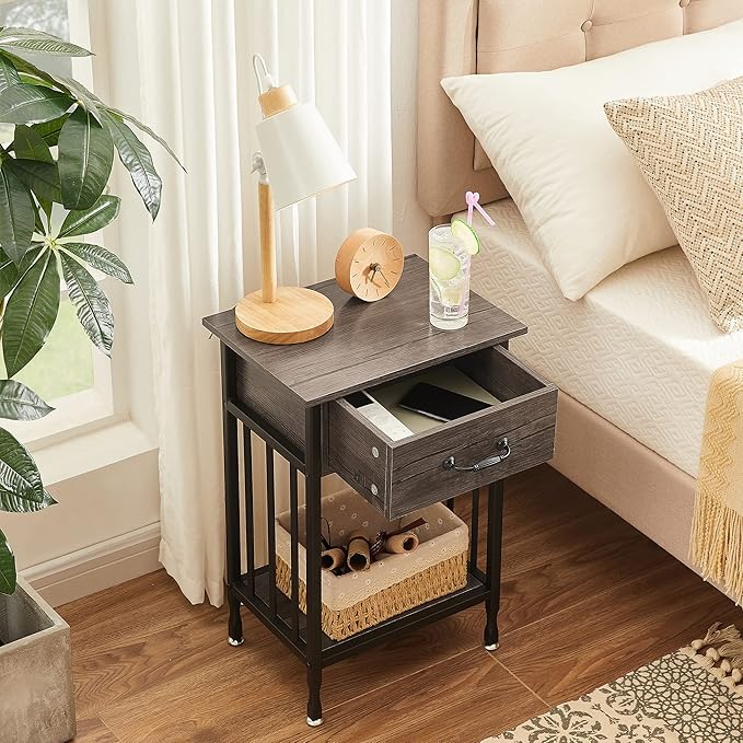 VECELO Night Stand Set 2 with Drawer and Storage Shelf,15.7x11.8x23.6 inches Bedside Table End Table,Wood Nightstands for Bedroom, Living Room,Sofa,Gray,2 Sets