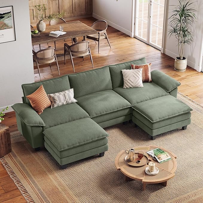 LINSY HOME 123'' Modular Sectional Sofa Green Couch Corduroy Cloud Couches for Living Room, U Shaped Couch with Movable Ottoman, Modern Cloud Sectional Sofas for Bedroom and Apartment, Green