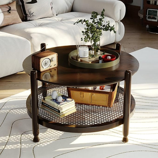 NSdirect 32" Round Coffee Table for Living Room, 2-Tier Solid Wood Center Table for Home Decor with Boho Woven Rattan Storage Shelf | Modern Farmhouse Design, Easy Assembly, Black Brown