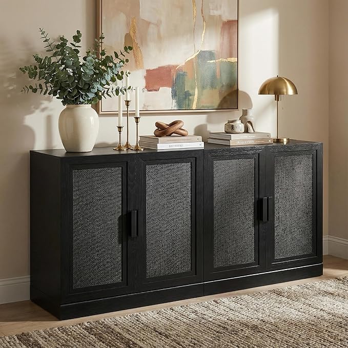 Casaphoria Adam Sideboard Buffet Cabinet with Storage, Sideboard Cabinet with Rattan Doors & Adjustable Shelves, 62" W x 31" H Coffee Bar for Entryway Kitchen Living Room, Black