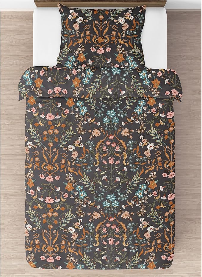 Sweet Jojo Designs 2-Piece Twin Comforter Set (Black Boho Wildflower Floral) for Girls, Teen Kids Bedding, Bed in a Bag incl. Blanket & Pillow Sham (Vintage, Bohemian Farmhouse, Botanical Cottagecore)