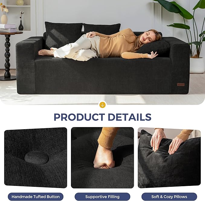 MAXYOYO Modular Sofa Couch, 75" Oversized Loveseat Boneless Cloud Couch with Deep Seat, Chenille Upholstered Living Room Sleeper Sofa Chair for Living Room, No Assembly Required, Black