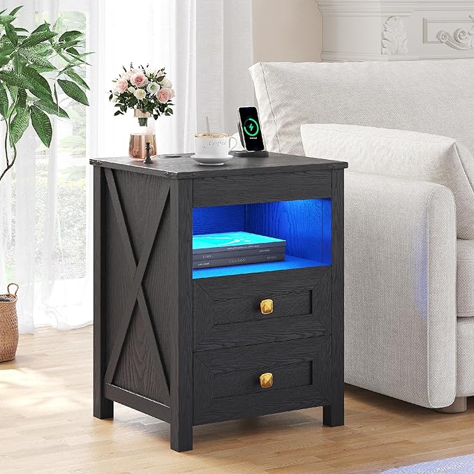 Farmhous Nightstand with Gun Drawer,Bedside Table with Charging Station, Gun Night Stand with LED Light & Human Sensor,Smart End Table for Bedroom, Black