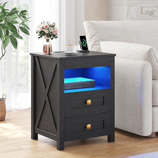 Farmhous Nightstand with Gun Drawer,Bedside Table with Charging Station, Gun Night Stand with LED Light & Human Sensor,Smart End Table for Bedroom, Black