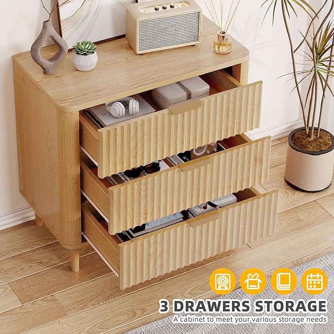 DWVO Fluted 3 Drawer Dresser, 32.5 Wider Modern Dressers Chest of Drawers with Solid Wood Legs, Wood Storage Dresser Organizer for Dorms, Flats, Living Rooms, Hallways,Natural Oak