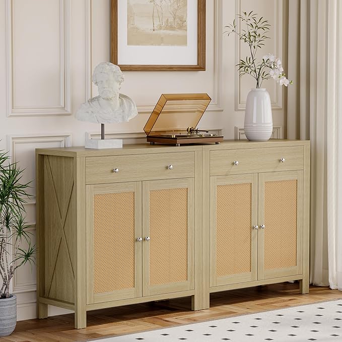 31" Sideboard Buffet Cabinet, Farmhouse Buffet Cabinet with Storage, Rattan Doors Cabinet, Multi-Functional Storage Cabinet Console Coffee Bar Cabinets for Entryway Living Room, Light Brown, 1 PCS