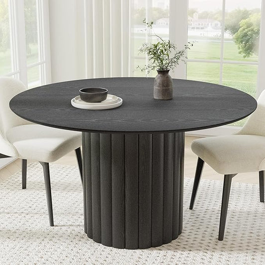 Casaphoria 52" Round Dining Table, Modern Wood Kitchen Table with Wide Column Pedestal Base for Living Room & Dining Room, Easy Assembly Farmhouse Furniture for 4-6, Black