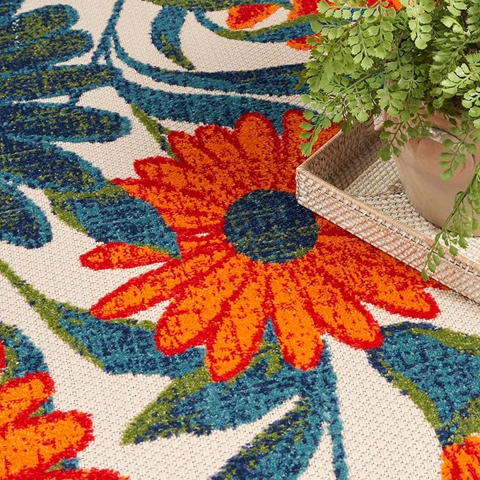 Nourison Home Aloha Ivory Multicolor 7'10" x Round Area Rug - Easy Clean, Non Shedding, Bed Room, Living Room, Dining Room, Kitchen (8' x Round)