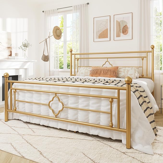Allewie King Size Metal Platform Bed Frame with Victorian Vintage Headboard and Footboard/Mattress Foundation/Under Bed Storage/No Box Spring Needed/Noise-Free/Easy Assembly, Gold