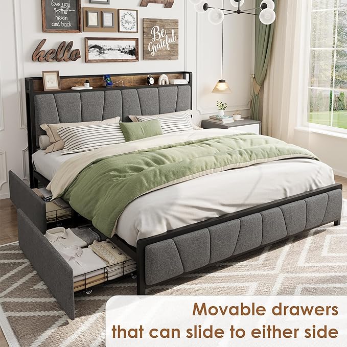 GAOMON King Size Bed Frame with 2 Storage Drawers and Charging Station, Rustic Linen Upholstered Platform Bedframe with Storage Headboard, No Box Spring Needed, Easy Assembly, Noise Free, Grey