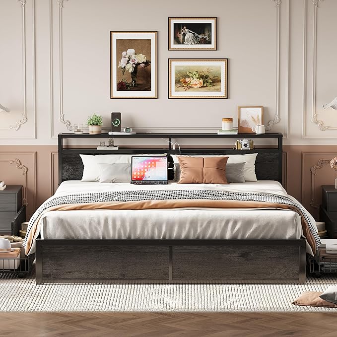 LIKIMIO King Size Bed Frame with 4 Storage Drawers, 2-Tier Storage Headboard with Charging Station, Double Bed Frame King Size for Bedroom, No Box Spring Needed, Easy Assembly, Charcoal Grey