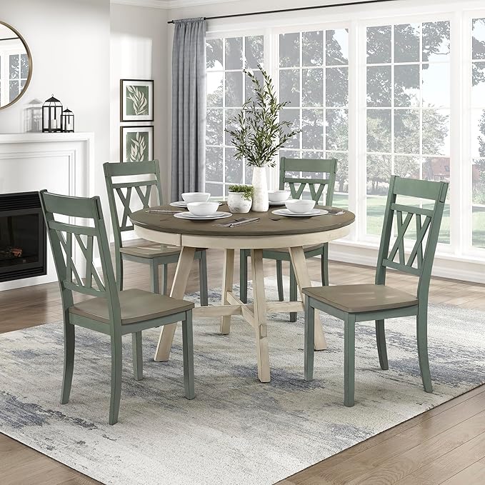 Lexicon Farmhouse Wood Dining Chair, Set of 2, Double Cross Back, Rustic Armless Chairs, Kitchen and Dining Room Furniture, Two-Tone Finish (Greywash and Antique Teal)