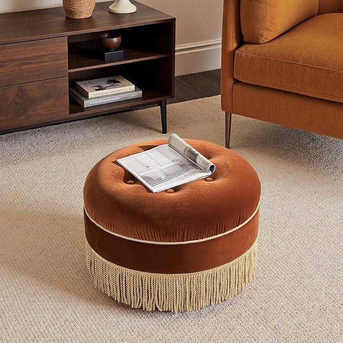 Jennifer Taylor Home Yolanda 24" Round Upholstered Accent Ottoman, Burnt Orange Performance Velvet