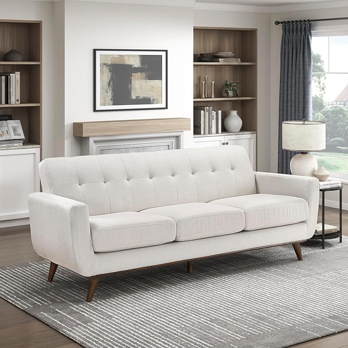 Lexicon Modern Accent Couch, Textured Fabric Upholstered Sofa with Brown Wood Legs, Track Arms, Tufted Couch Back, 3 Seater Sofa for Living Room/Office/Waiting Room, Beige