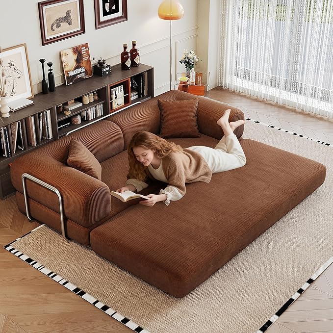 79" Convertible Sofa Bed, Corduroy Folding Pull Out Couch with Pillows, No Assembly Modern Boneless Couch Compression Sofa in Box, Floor Sofa with Support Rods for Living Room,Brown