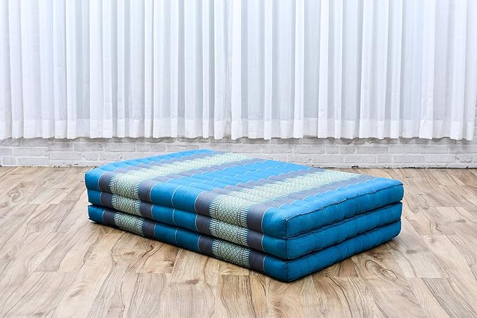 Leewadee Trifold Mattress XL – Comfortable Thai Massage Pad, Foldable Relaxation Floor Mattress Filled with Kapok, Perfect to Use as a Sleeping Mat 79 x 39 inches, Light Blue
