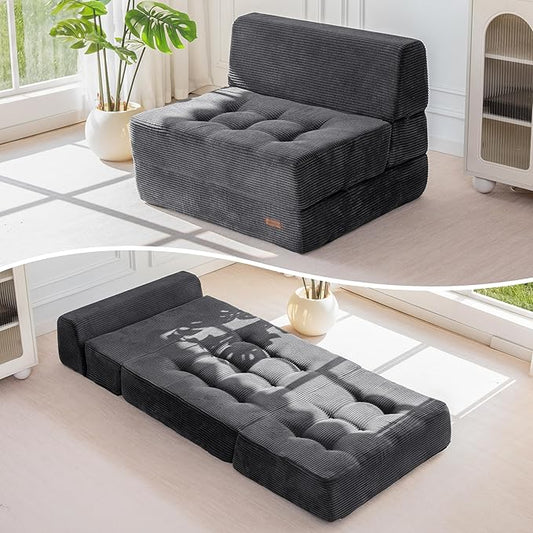 MAXYOYO 8" Folding Sofa Bed, Convertible Sleeper Sofa Lounger Foldable Mattress, Wedge Shape Floor Couch Tufted Fold Out Chair Bed Comfy Floor Couch Lounge for Living Room Bedroom, Single, Dark Grey