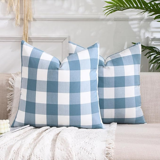 CARRIE HOME Light Blue Farmhouse Buffalo Plaid Pillow Covers 18x18 Set of 2 Blue and White Outdoor Pillow Covers 18 x 18 Decorative Throw Pillows for Sofa Couch Bedroom, Grey Blue and White