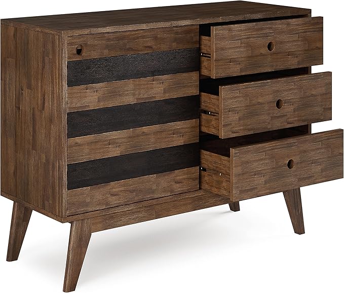 SIMPLIHOME Clarkson Storage Cabinet - 48 inch Wide Solid Acacia Wood Medium Cabinet in Rustic Natural Aged Brown, Contemporary Sideboard for Living Room with 3 Drawers and Adjustable Shelves