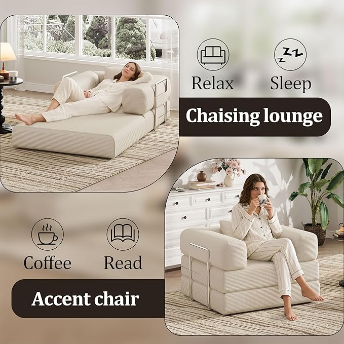 BSHOMGI Folding Sofa Bed, 2 in 1 Convertible Sofas to Lounger Comfy Single Bean Bag Chair Floor Portable Foldable Sleeper Lazy Futon Couch Chair for Bedroom, Living Room (Beige, 35.43" Single Sofa)
