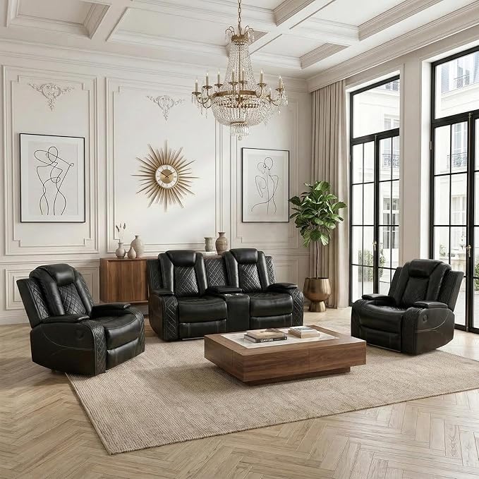 Power Recliner Loveseat and 2 Chairs, Air Leather Reclining Couch with LED/Cup Holders/Storage, 3 Pieces Reclining Living Room Furniture, Black Leather Loveseat and Chairs for House/Apartment/Office