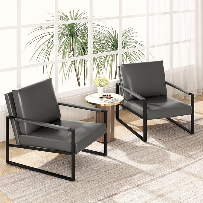 AWQM Leather Accent Chair Set of 2 Sofa Chair Extra-Thick Padded Backrest Seat Cushion Single Sofa Bedroom, Black Metal Frame, 105 Degree Slant Back-Grey（Set of 2）