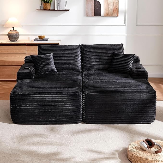69-Inch Fluffy Corduroy Boneless Sleeper Daybed Loveseat Double Recliner Chaise Lounge Sofa Couches, Floor Cloud Sofa Chaise W/4 Pillows for Home Apartment Living Room