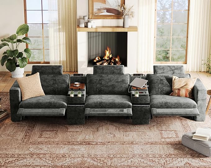 152.4" Power Recliner Sofa Wall Hugger, Modular Cloud Sectional Reclining Couch with Headrest, Storage Drawer Cup Holder, 3-Seater with 2 Consoles for Home Theater Living Room, Chenille, Black