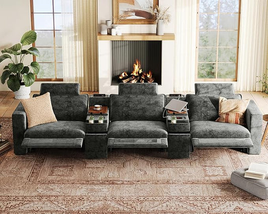 152.4" Power Recliner Sofa Wall Hugger, Modular Cloud Sectional Reclining Couch with Headrest, Storage Drawer Cup Holder, 3-Seater with 2 Consoles for Home Theater Living Room, Chenille, Black