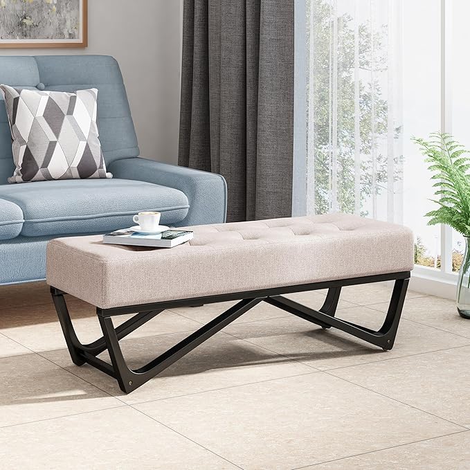 Ball & Cast Modern Tufted Upholstered Entryway Bench Ottoman, 47.5" Padded Bed of End Stool Seating with Faux Wooden Frame, for Living Room Bedroom Kitchen, Beige