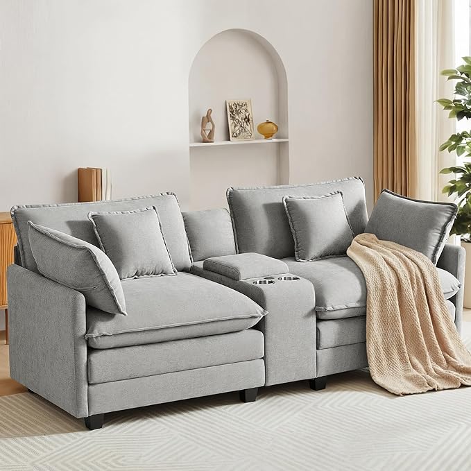 KISLOT 74.4" Oversized Modular Sectional Sofa with Storage Console,Loveseat Cloud Couch with Deep Seat & Thick Cushions, Multi Functional Console with USB and 2 Cup Holder,Sofa Set for Living Room | Wood Frame