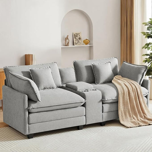 KISLOT 74.4" Oversized Modular Sectional Sofa with Storage Console,Loveseat Cloud Couch with Deep Seat & Thick Cushions, Multi Functional Console with USB and 2 Cup Holder,Sofa Set for Living Room | Wood Frame