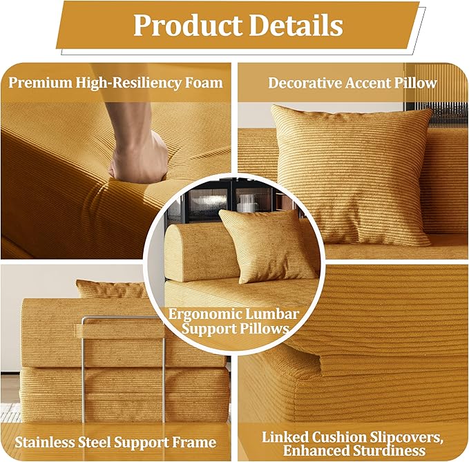 31.5'' Convertible Compressed Corduroy Folding Cloud Sofa Bed, Modern Boneless Pull Out Sleeper Sofa Couch in a Box, 3 in 1 Portable Lazy Floor Lounge Chair, for Small Space, Yellow, Pillow, Single
