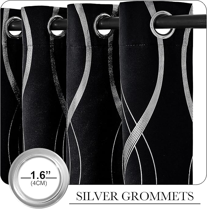 NICETOWN Black Out Curtains for Small Window, 2 Panels, 34 inches Wide by 45 inches Long, Foil Printed Wave Lines Thermal Insulated Blackout Panels/Drapes for Bedroom Kitchen Loft Cafe