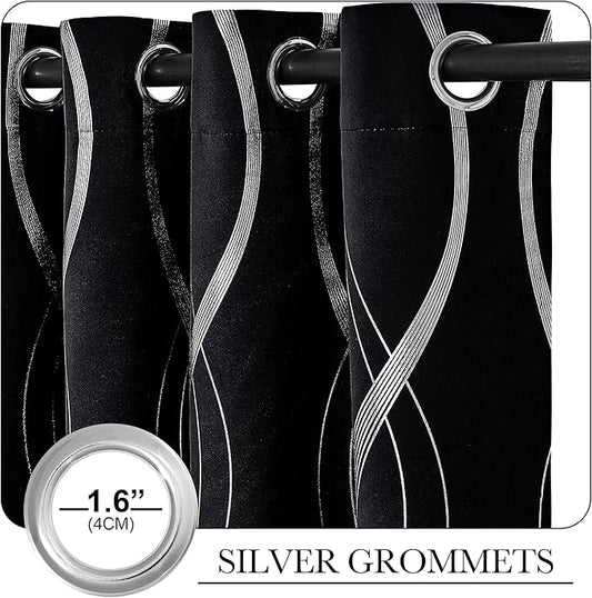 NICETOWN Black Blackout Curtain Panels for Kitchen, 66 x 54 inch, Noise Reducing Thermal Insulated Wave Line Foil Print Design Drapes for Home Decor, 2 Panels