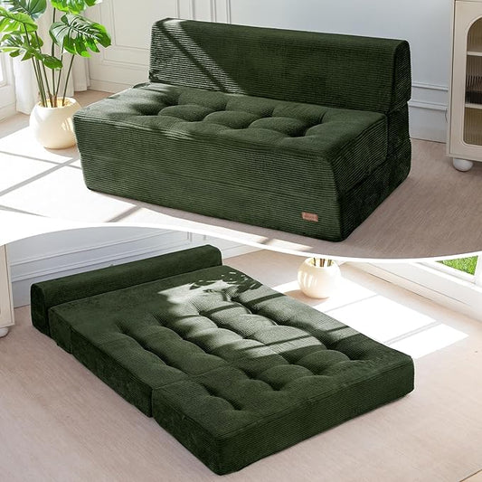 MAXYOYO 8" Folding Sofa Bed, Convertible Sleeper Sofa Lounger Foldable Mattress, Wedge Shape Floor Couch Tufted Fold Out Chair Bed Comfy Floor Couch Lounge for Living Room, Loveseat, Dark Green