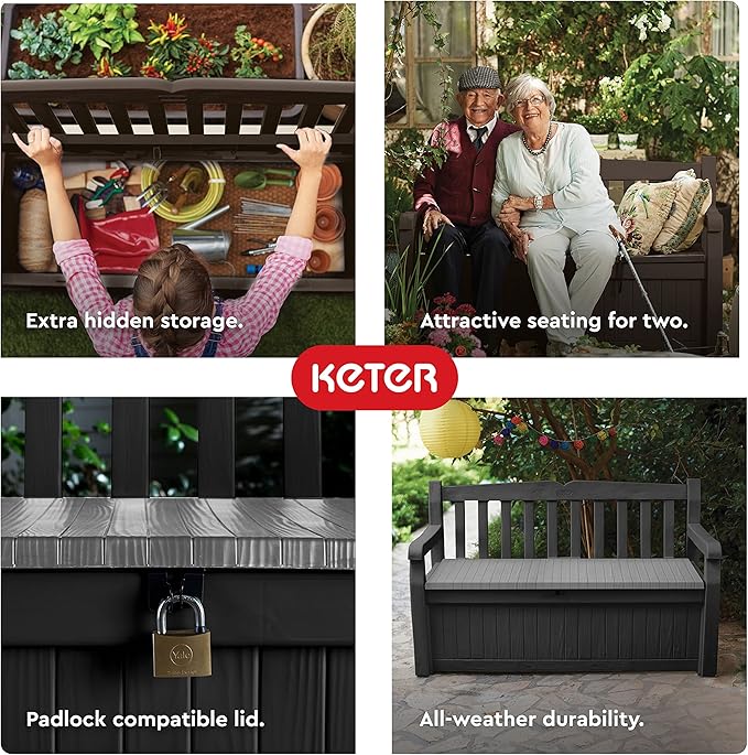 Keter Solana 70 Gallon Storage Bench Deck Box for Patio Storage, Front Porch Decor and Outdoor Seating – Perfect to Store Garden Tools and Pool Floats, Graphite
