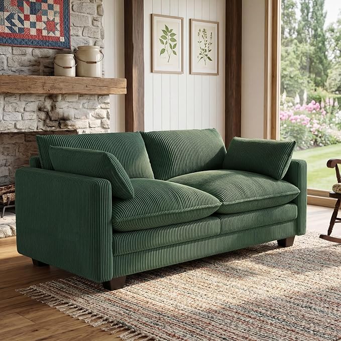 Gizoon 75” Small Cloud Loveseat Couches for Living Room, 2 Seater Love Seat Sofa with Comfy Deep Seat, Small Washable Couches with Removable Corduroy Cover for Apartment, Green