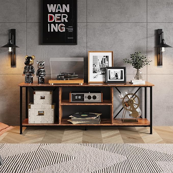 WLIVE Industrial TV Stand for Up to 65 inch TV, Heavy-Duty Metal Frame Entertainment Center with Adjustable Shelves & Cable Management, Media TV Console for Living Room Bedroom, Rustic Brown