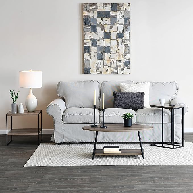 Household Essentials Ashwood Industrial Narrow End Table | Metal C Shaped Frame and Rectangle Faux Wood Top, C Table
