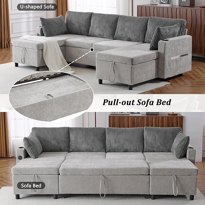 ERYE 113-Inch U-Shaped Pull Out Sleeper Couch Bed, Modern U Shaped Symmetrical Sleeper Sectional Sofa Convertible Sofa Bed with Storage Chaises & USB-C Ports for Living Room