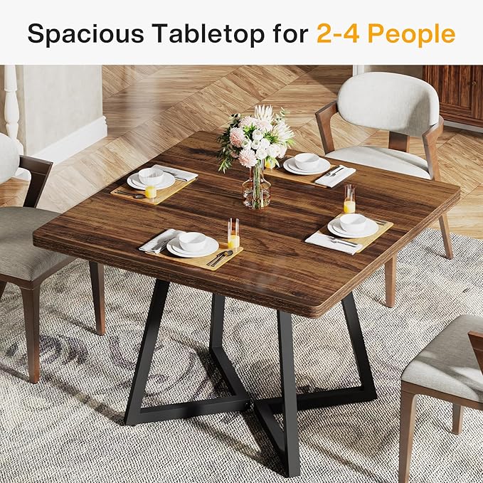 Tribesigns Square Dining Table, 31.5" Industrial Dinner Table with Metal Base, Kitchen Table for Dining Room, Small Space, Apartment, Rustic Brown & Black (6pcs)